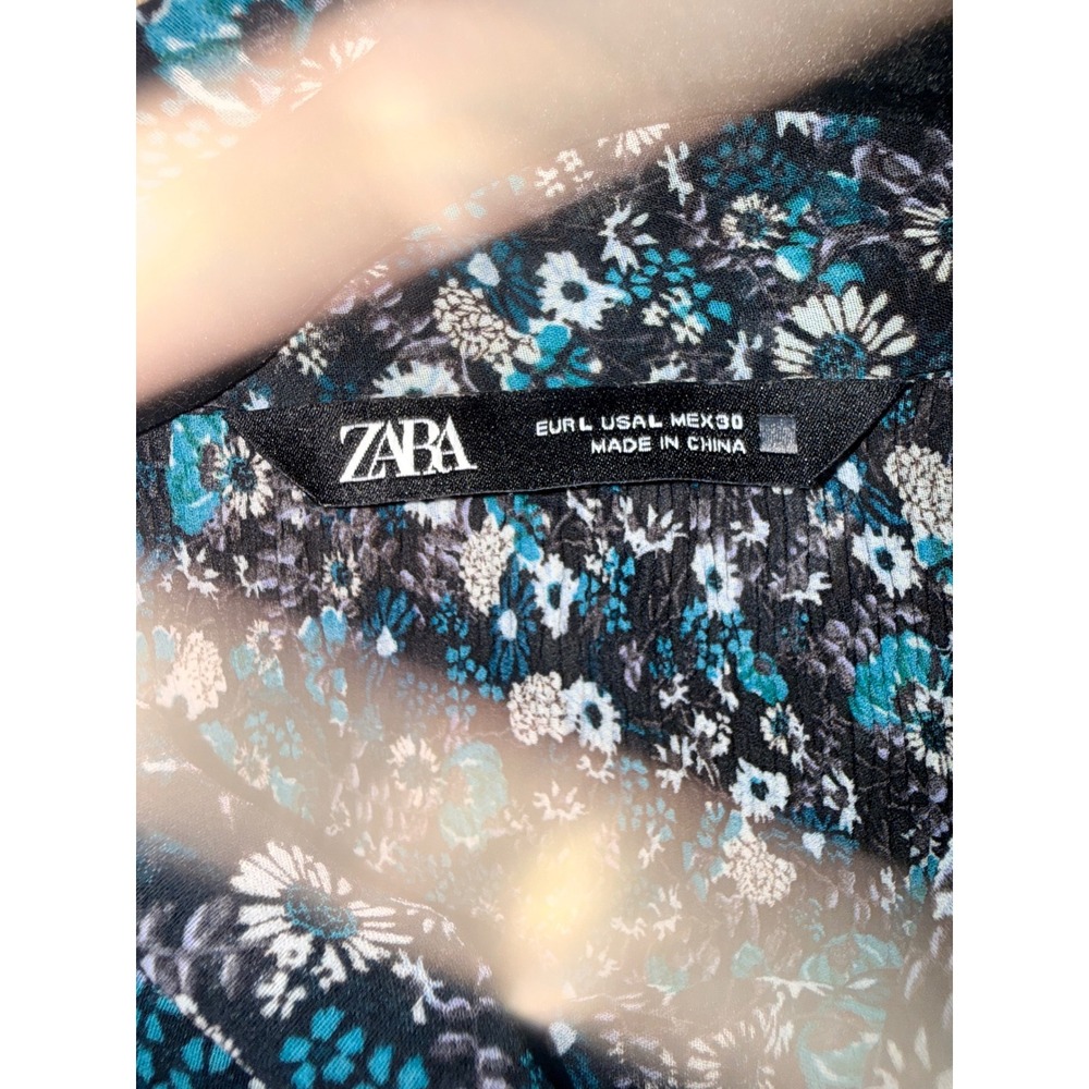 Zara Women Teal Black Floral Plisse Mini Dress Tie Neck Ruffle Long Sleeve Large - Picture 10 of 11